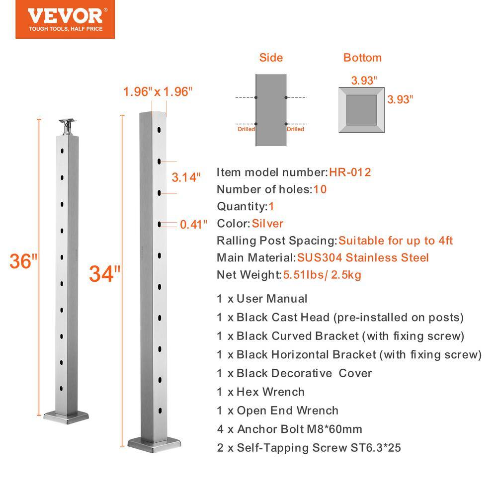 VEVOR Cable Railing Post 36 in. L x 2 in. W x 2 in. H Steel 30° Hole Stair Post SUS304 Stainless Steel Cable Rail Post Silver