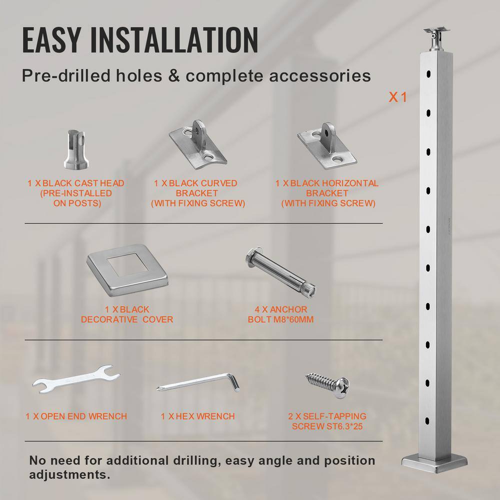 VEVOR Cable Railing Post 36 in. L x 2 in. W x 2 in. H Steel 30° Hole Stair Post SUS304 Stainless Steel Cable Rail Post Silver