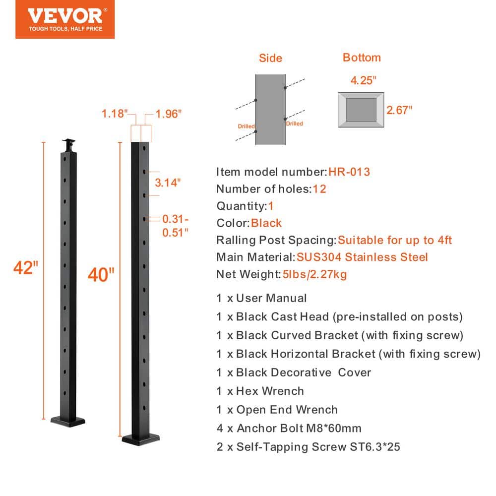 VEVOR Cable Railing Post 42 in. L x 1 in. W x 2 in. H Steel 30° Angled Hole Stair Railing Post Cable Rail Post (1-Pack )
