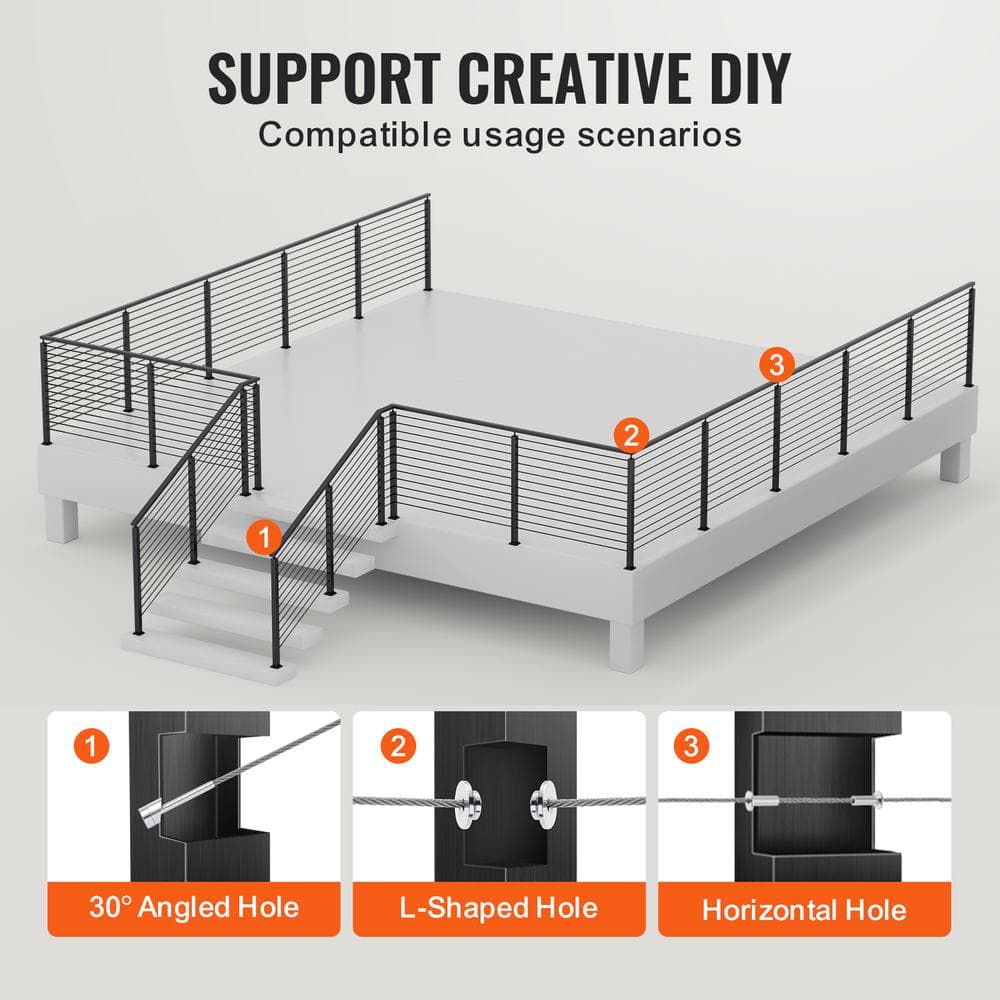 VEVOR Cable Railing Post 36 in. L x 1 in. W x 2 in. H Steel 30° Angled Hole Stair Railing Post Cable Rail Post (1-Pack )