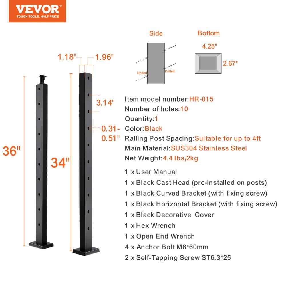 VEVOR Cable Railing Post 36 in. L x 1 in. W x 2 in. H Steel 30° Angled Hole Stair Railing Post Cable Rail Post (1-Pack )