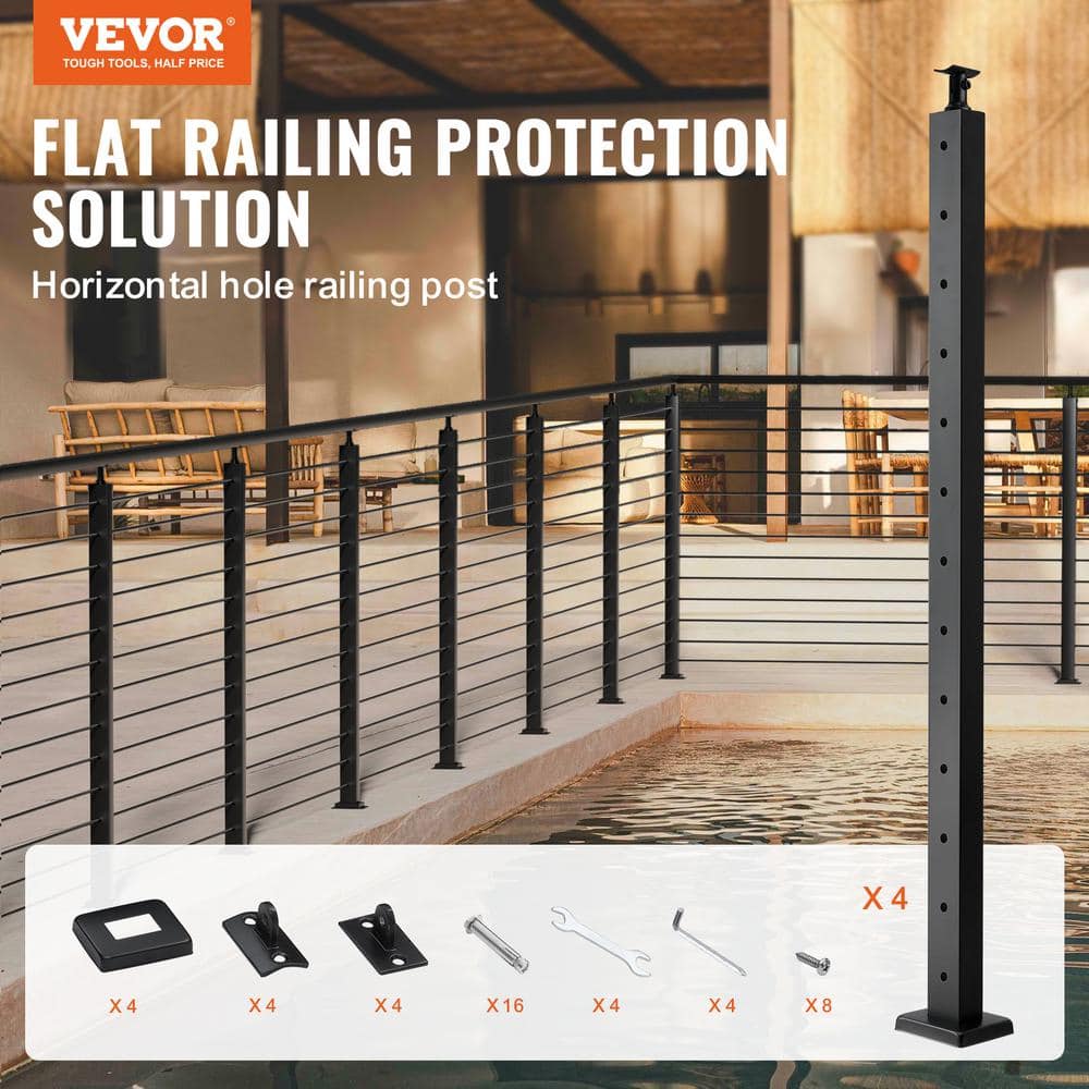 VEVOR Cable Railing Post 42 in. x 1 in. x 2 in. Steel Horizontal Hole Deck Railing Post with Horizontal and Curved Bracket