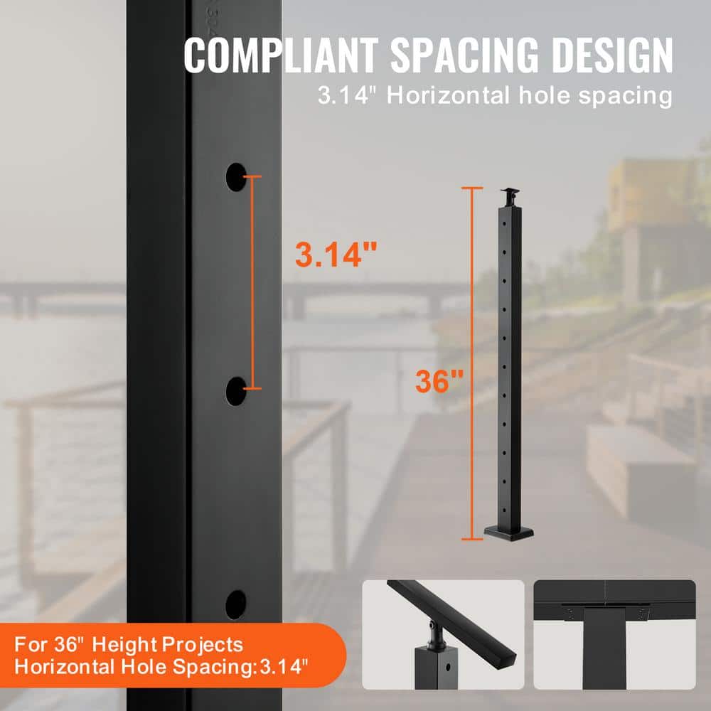 VEVOR Cable Railing Post 36 in. x 1 in. x 2 in. Steel Horizontal Hole Deck Railing Post with Horizontal and Curved Bracket
