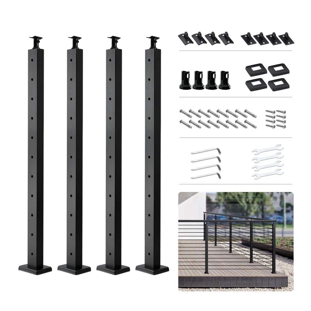 VEVOR Cable Railing Post 36 in. x 1 in. x 2 in. Steel Horizontal Hole Deck Railing Post with Horizontal and Curved Bracket