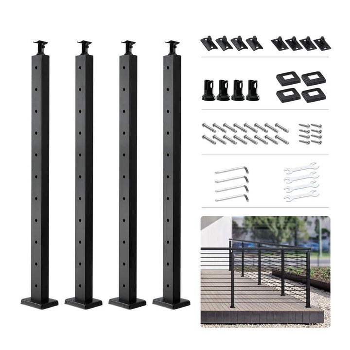VEVOR Cable Railing Post 36 in. x 1 in. x 2 in. Steel Horizontal Hole Deck Railing Post with Horizontal and Curved Bracket