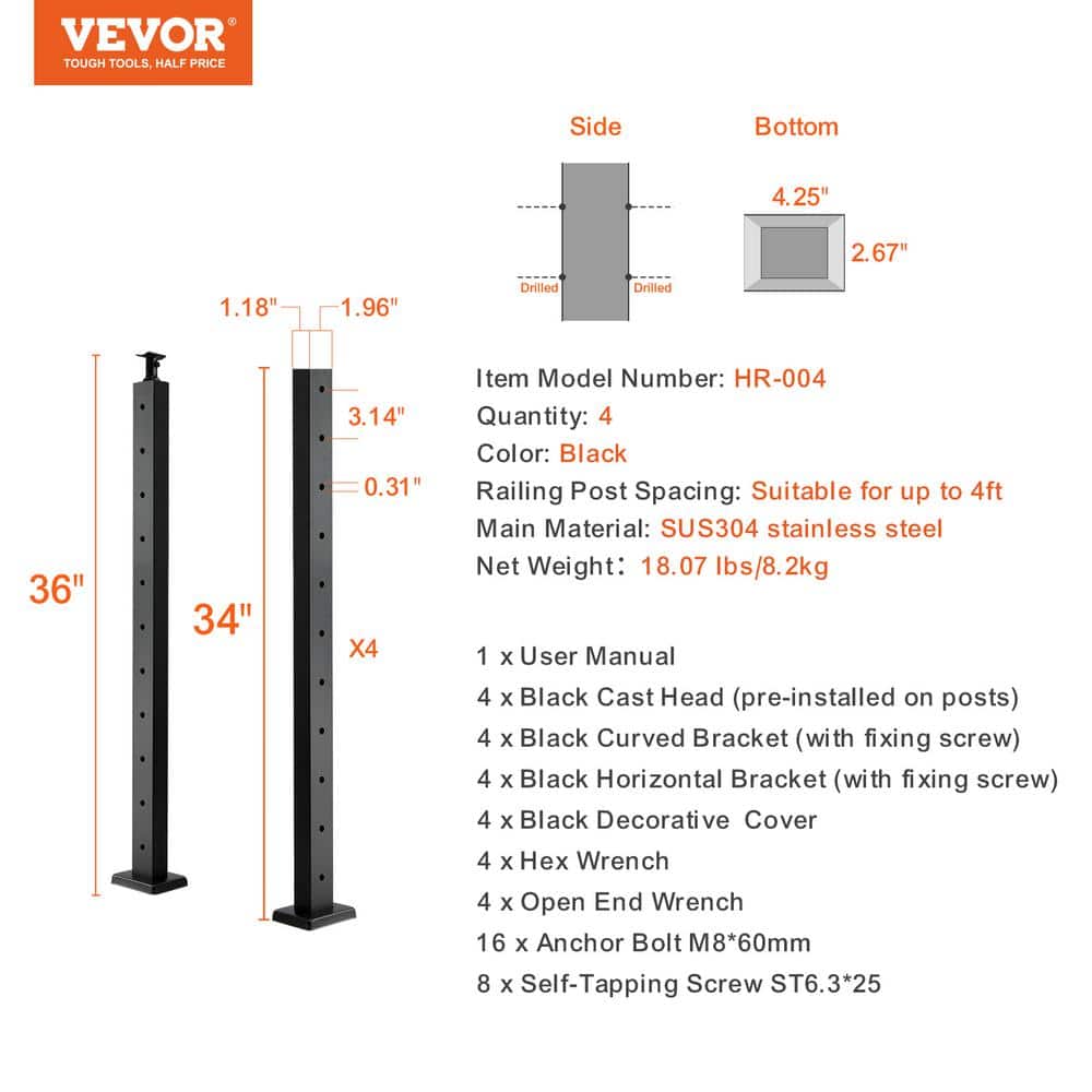 VEVOR Cable Railing Post 36 in. x 1 in. x 2 in. Steel Horizontal Hole Deck Railing Post with Horizontal and Curved Bracket