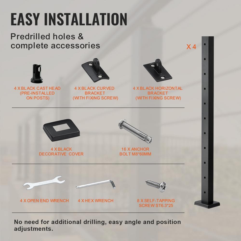 VEVOR Cable Railing Post 36 in. x 1 in. x 2 in. Steel Horizontal Hole Deck Railing Post with Horizontal and Curved Bracket