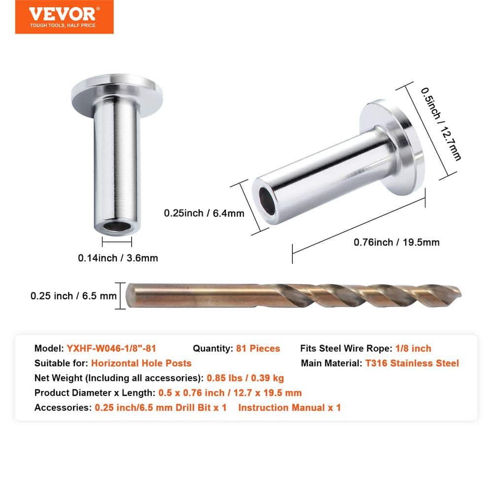 VEVOR T316 Stainless Steel Protector Sleeves for 1/8 in. Wire Rope Cable Railing Balustrade Marine Grade Come with A Drill Bit