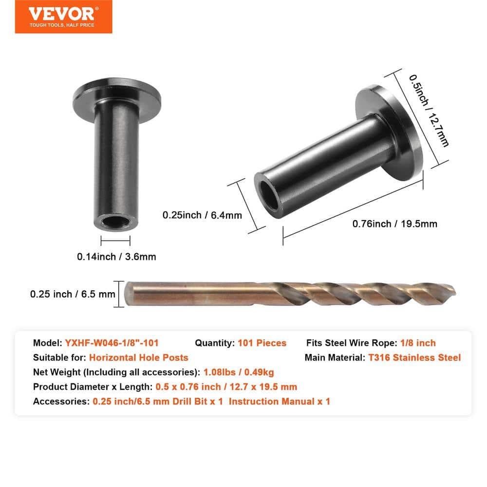 VEVOR T316 Stainless Steel Protector Sleeves for 1/8 in. Wire Rope Cable Railing Balustrade Marine Grade Come ( 101-Pack )