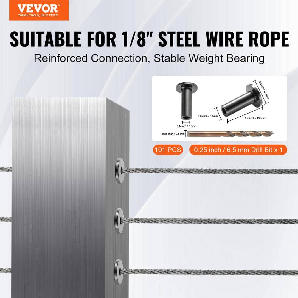 VEVOR T316 Stainless Steel Protector Sleeves for 1/8 in. Wire Rope Cable Railing Balustrade Marine Grade Come ( 101-Pack )