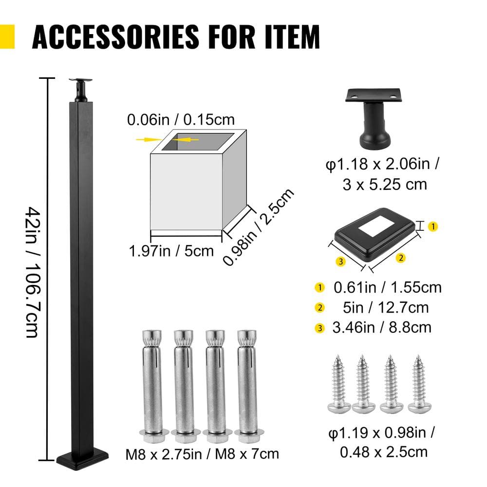 VEVOR Cable Railing Post 42 in. x 0.98 in. x 1.97 in. Stair Railing Kit without Hole Deck Railing w/ Mount Bracket for Balcony