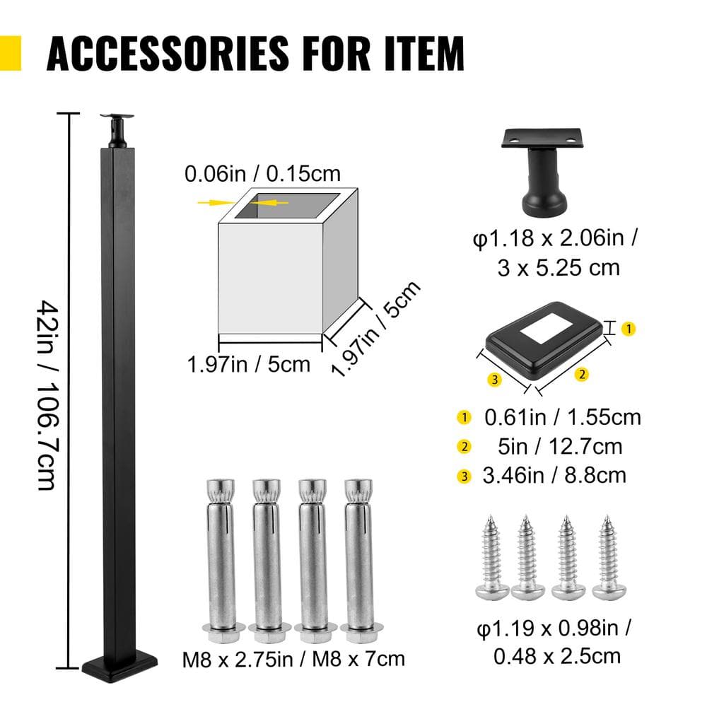 VEVOR Deck Railing 42 in. x 1.97 in. x 1.97 in. Cable Railing Post without Hole Stainless Stair Handrail with Mounting Bracket