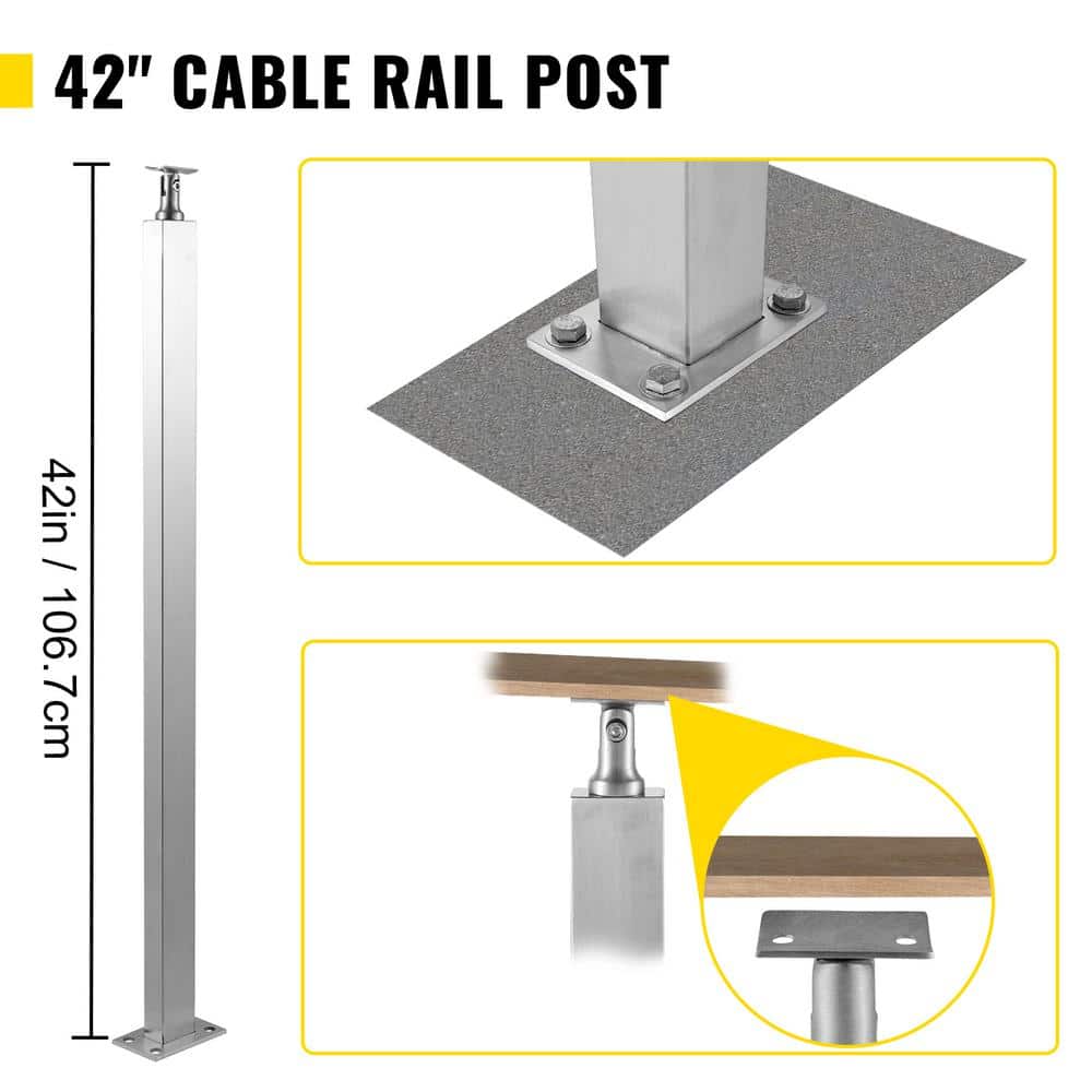 VEVOR Handrail Stainless Steel 42 in. x 0.98 in. x 1.97 in. Cable Railing Post without Hole Indoor Rail with Mounting Bracket