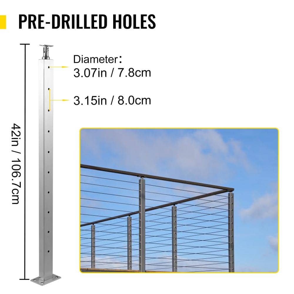 VEVOR Cable Railing Post 42 in. x 0.98 in. x 1.97 in. Stair Railing Kit with Mounting Bracket Stainless Stair Handrail