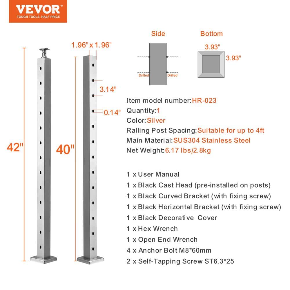 VEVOR Cable Railing Post 42 in. x 1.97 in. x 1.97 in. Stair Railing Kit w/Mounting Bracket Stainless Stair Handrail for Stair