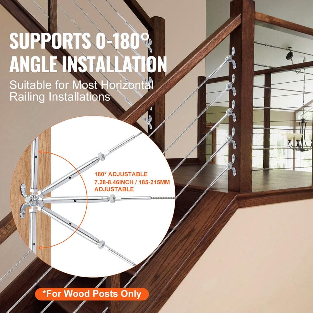 VEVOR T316 Stainless Steel Adjustable Angle 1/8 in. Cable Railing Kit Hardware for Wood Post Easy Installation Silver 10 Pack