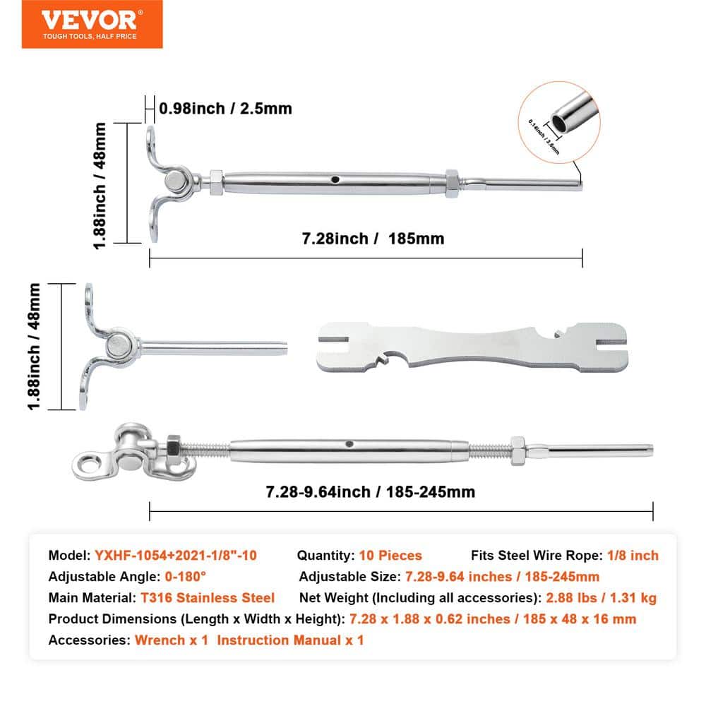 VEVOR T316 Stainless Steel Adjustable Angle 1/8 in. Cable Railing Kit Hardware for Wood Post Easy Installation Silver 10 Pack