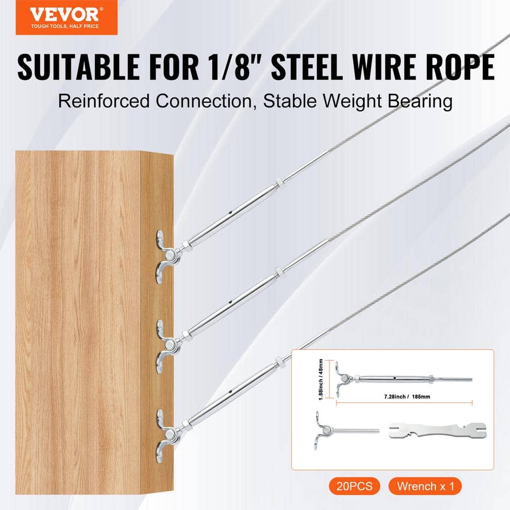 VEVOR T316 Stainless Steel Adjustable Angle 1/8 in. Cable Railing Kit Hardware for Wood Post Easy Installation Silver 20 Pack