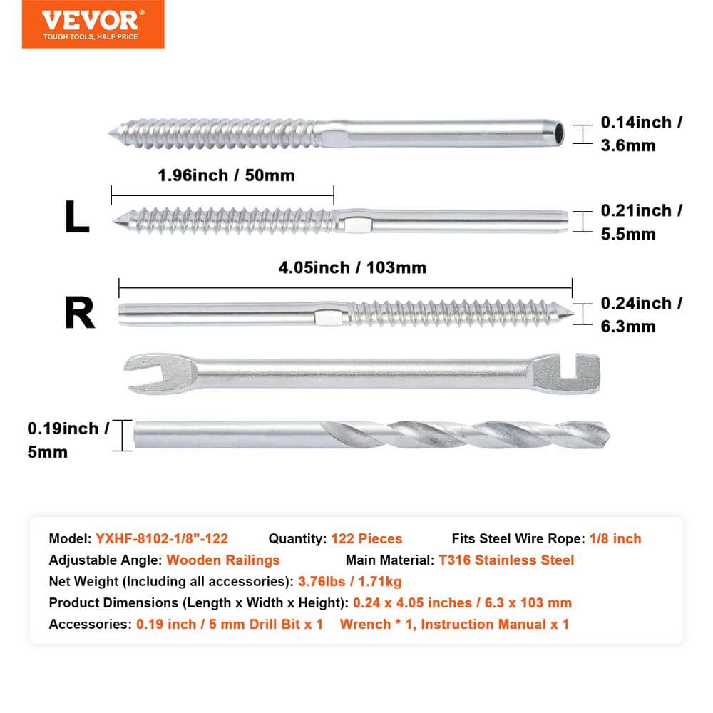 VEVOR 122 Pack Cable Railing Swage Threaded Stud Tension End Fitting Terminal for 1/8 in. Deck Cable Railing Stainless Steel