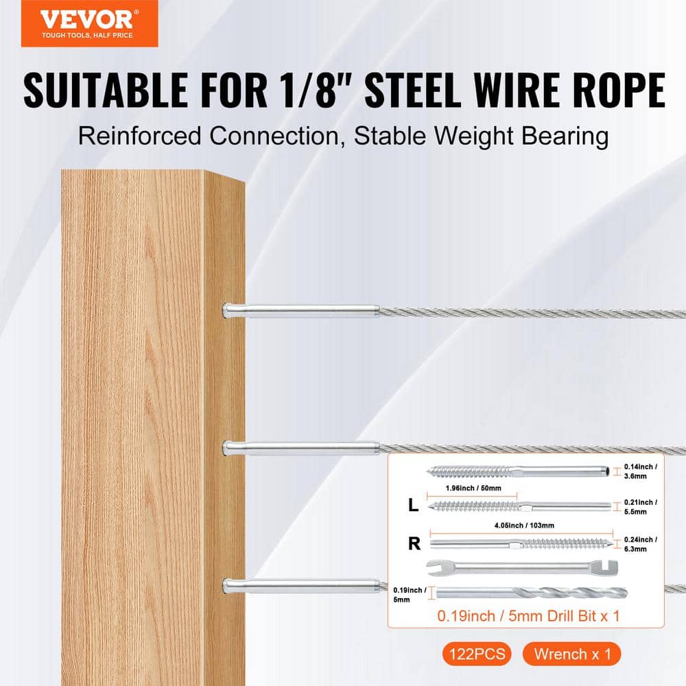 VEVOR 122 Pack Cable Railing Swage Threaded Stud Tension End Fitting Terminal for 1/8 in. Deck Cable Railing Stainless Steel