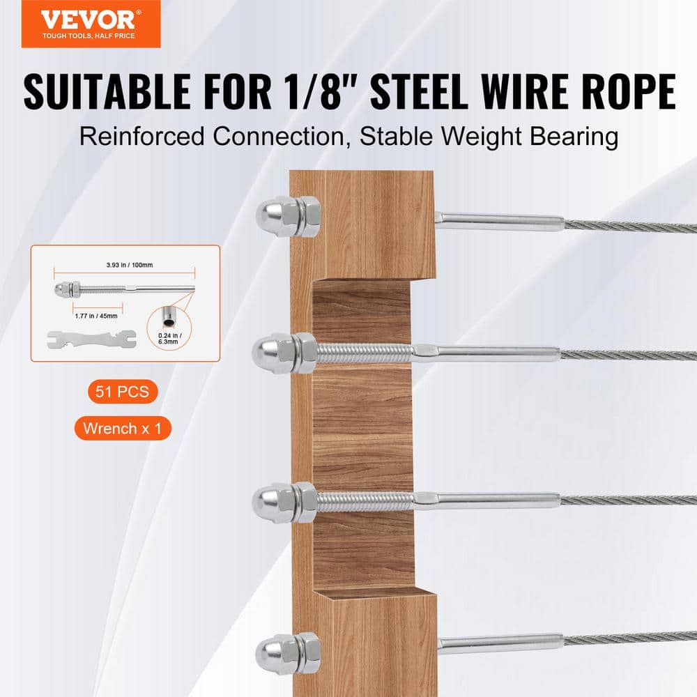 VEVOR 51 Pack Cable Railing Swage Threaded Stud Tension End Fitting Terminal for 1/8 in. Deck Cable Railing Stainless Steel
