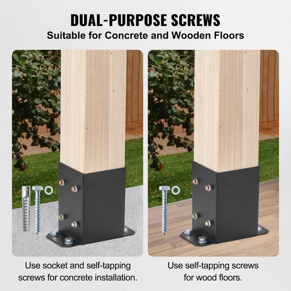 VEVOR 4 in. x 4 in. Internal Post Base Heavy-Duty Powder-Coated Anchor Black Wood Post Fence Bracket Decking Board (4-pack)