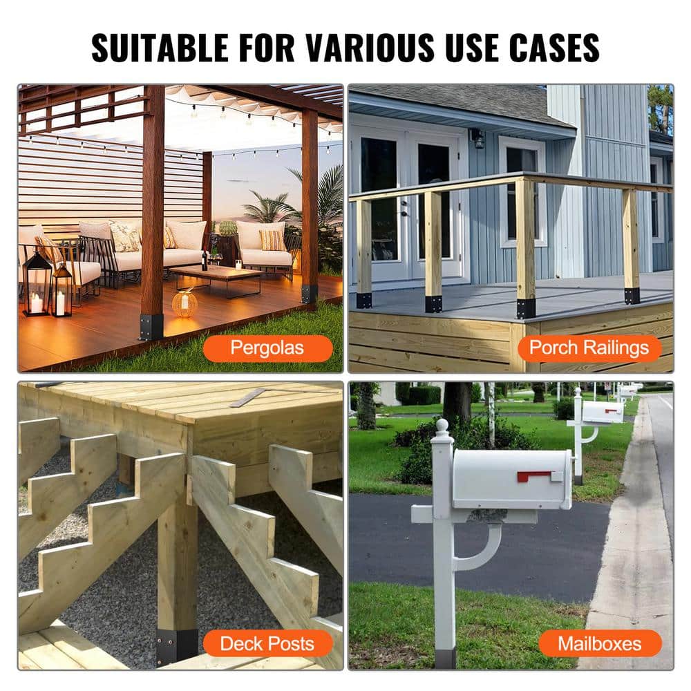 VEVOR 4 in. x 4 in. Internal Post Base Heavy-Duty Powder-Coated Anchor Black Wood Post Fence Bracket Decking Board (4-pack)