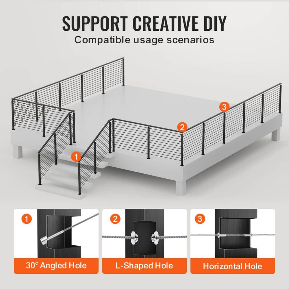 VEVOR Cable Railing Post, 42 x 1 x 2 in. Steel L-Shaped Hole Corner Railing Post, 12 Holes, Stair Railing Kit, SUS304, Black