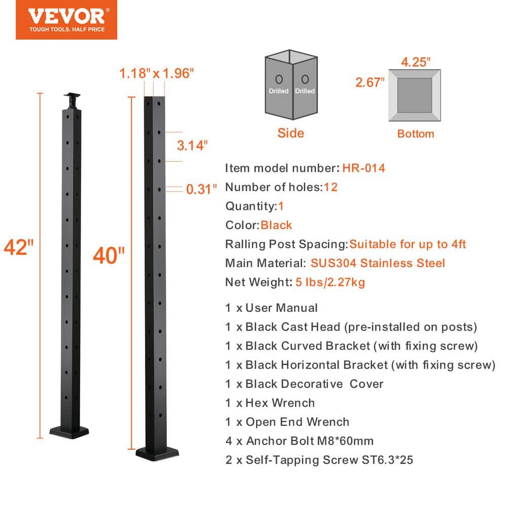 VEVOR Cable Railing Post, 42 x 1 x 2 in. Steel L-Shaped Hole Corner Railing Post, 12 Holes, Stair Railing Kit, SUS304, Black