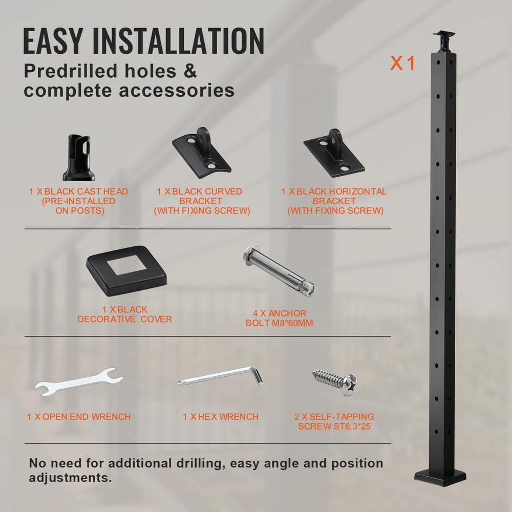 VEVOR Cable Railing Post, 42 x 1 x 2 in. Steel L-Shaped Hole Corner Railing Post, 12 Holes, Stair Railing Kit, SUS304, Black