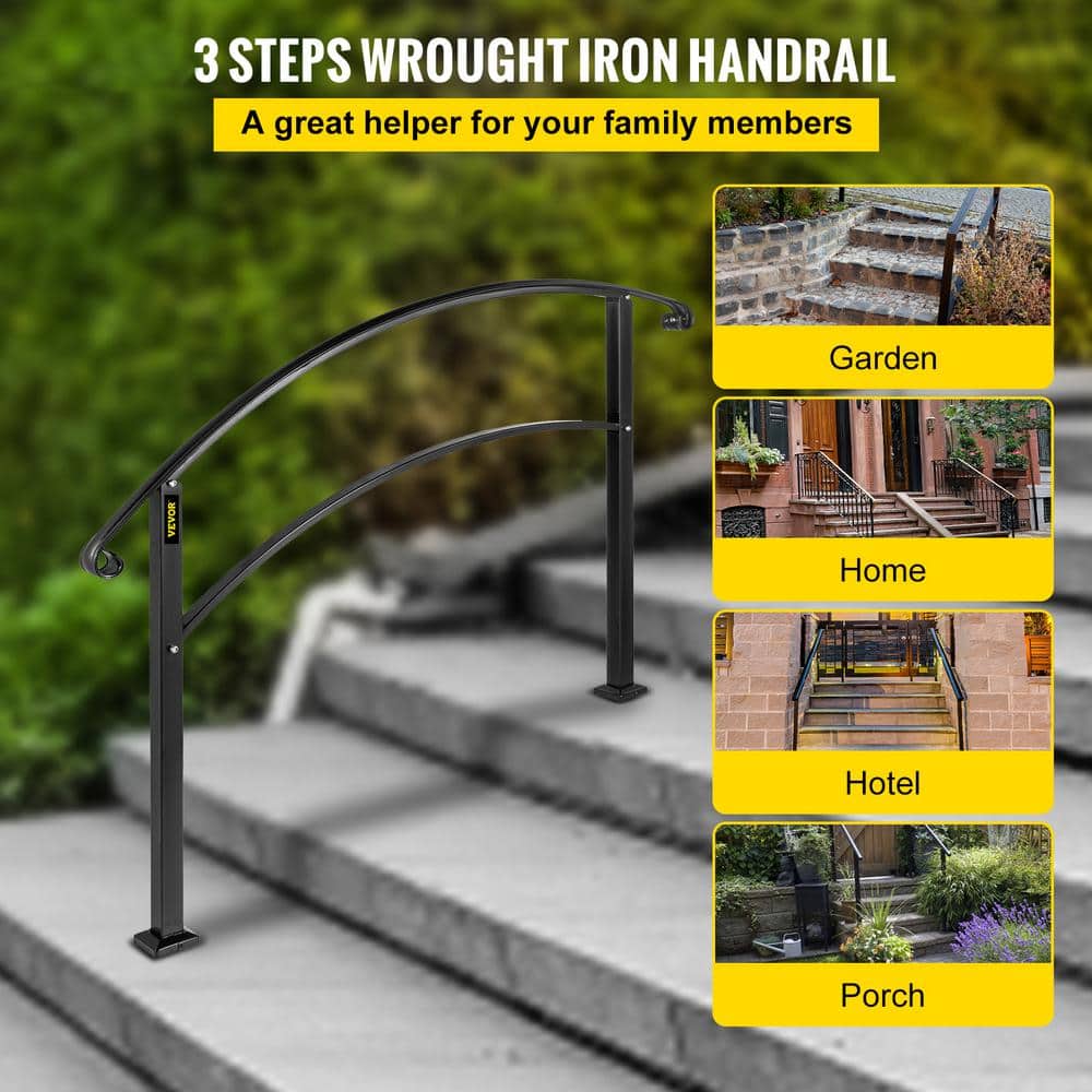 VEVOR Handrails Fit 1 to 3 Steps Stair Railing Wrought Iron Handrail Front Porch Hand Rail for Outdoor Steps, Black