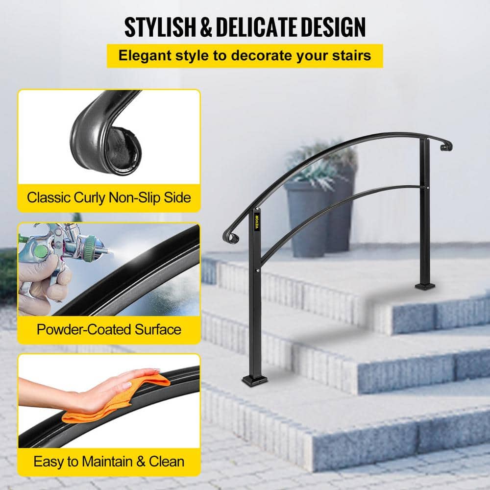 VEVOR Handrails Fit 1 to 3 Steps Stair Railing Wrought Iron Handrail Front Porch Hand Rail for Outdoor Steps, Black