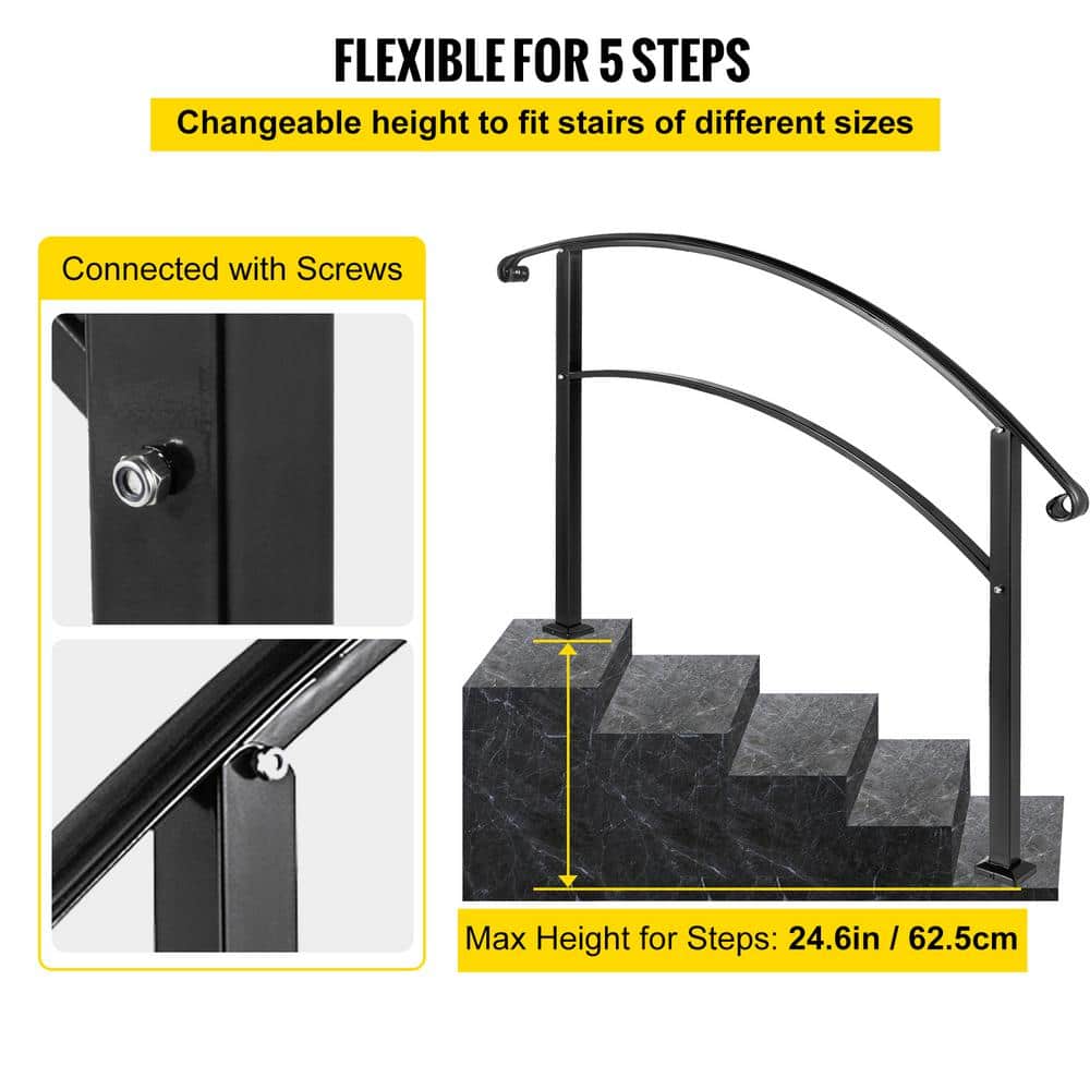 VEVOR Outdoor Handrails Fit 4 to 5 Steps Stair Railing Black Front Porch Hand Rail Wrought Iron Handrail for Concrete Steps