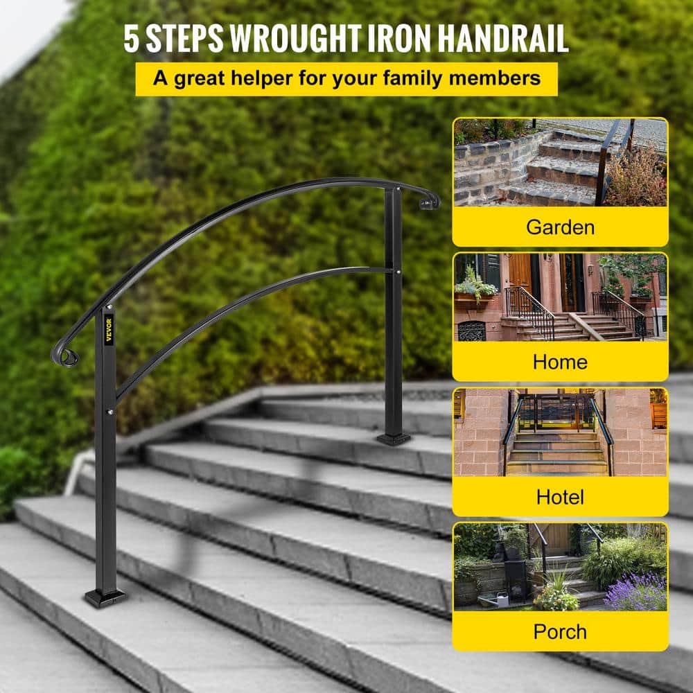 VEVOR Outdoor Handrails Fit 4 to 5 Steps Stair Railing Black Front Porch Hand Rail Wrought Iron Handrail for Concrete Steps