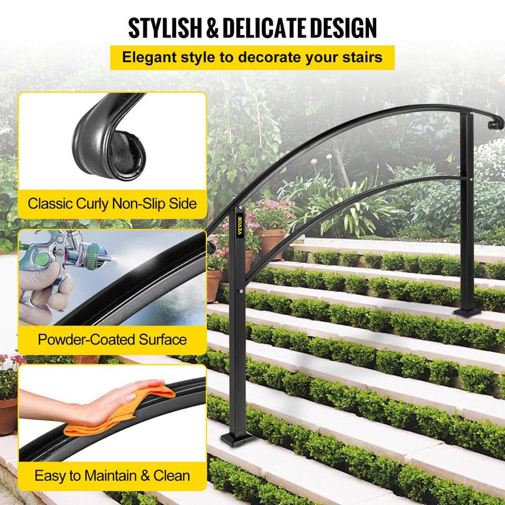 VEVOR Outdoor Handrails Fit 4 to 5 Steps Stair Railing Black Front Porch Hand Rail Wrought Iron Handrail for Concrete Steps
