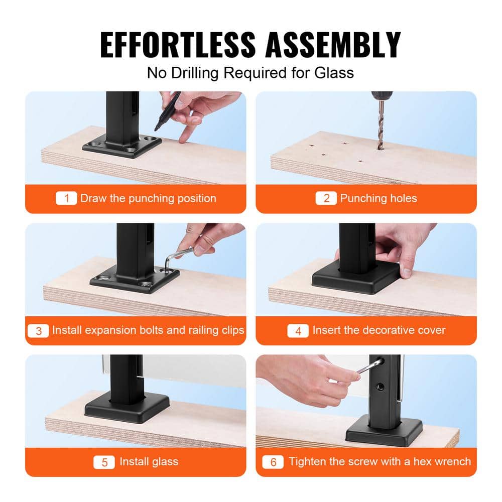 VEVOR Glass Clamp 4-Piece Railing Bracket 6.3 in. H x 4 in. W Black 304 Stainless Steel for 0.31 to 0.47 in. Stair Railing Kit