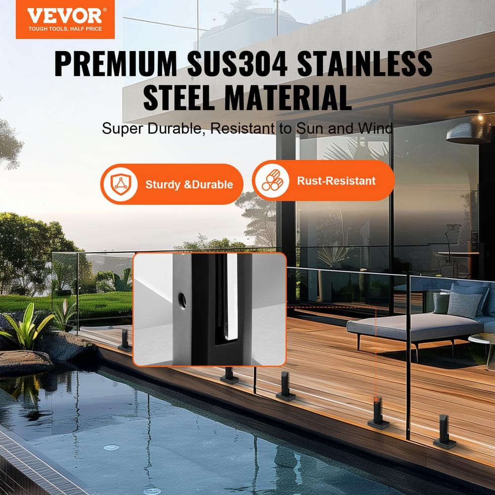 VEVOR Glass Clamp 4-Piece Railing Bracket 6.3 in. H x 4 in. W Black 304 Stainless Steel for 0.31 to 0.47 in. Stair Railing Kit