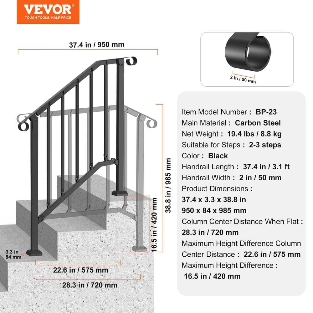VEVOR Handrails for Outdoor Steps 2-3 Step Stair Hand Rail Kit Transitional Carbon Steel Railings with Installation Kit