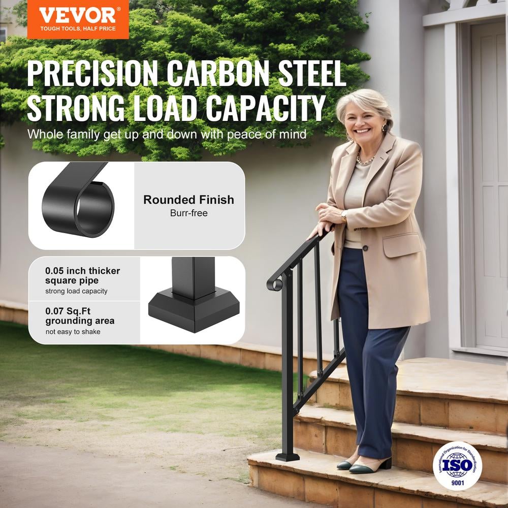 VEVOR Handrails for Outdoor Steps 2-3 Step Stair Hand Rail Kit Transitional Carbon Steel Railings with Installation Kit
