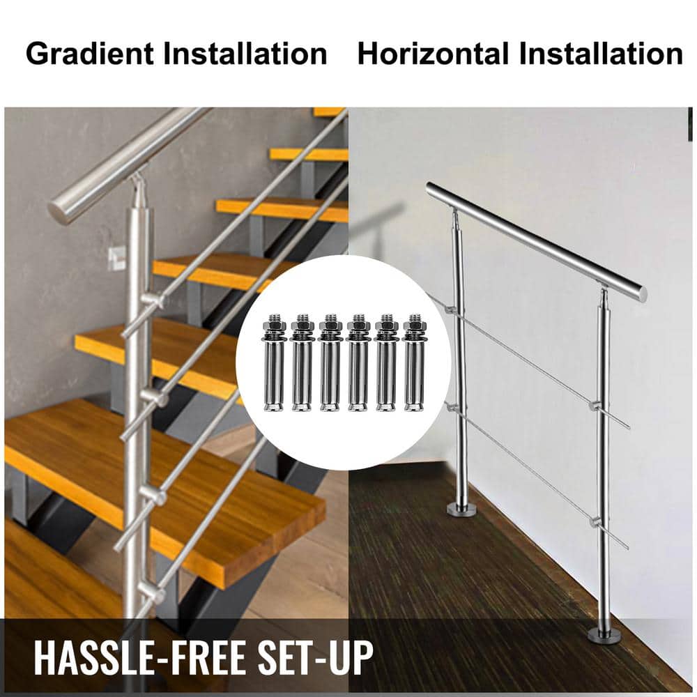 VEVOR Stainless Stair Handrail with 2 Cross Bars Rails 42.1 in. H x 34.9 in. W Silver 201 Stainless Steel Stair Railing Kit