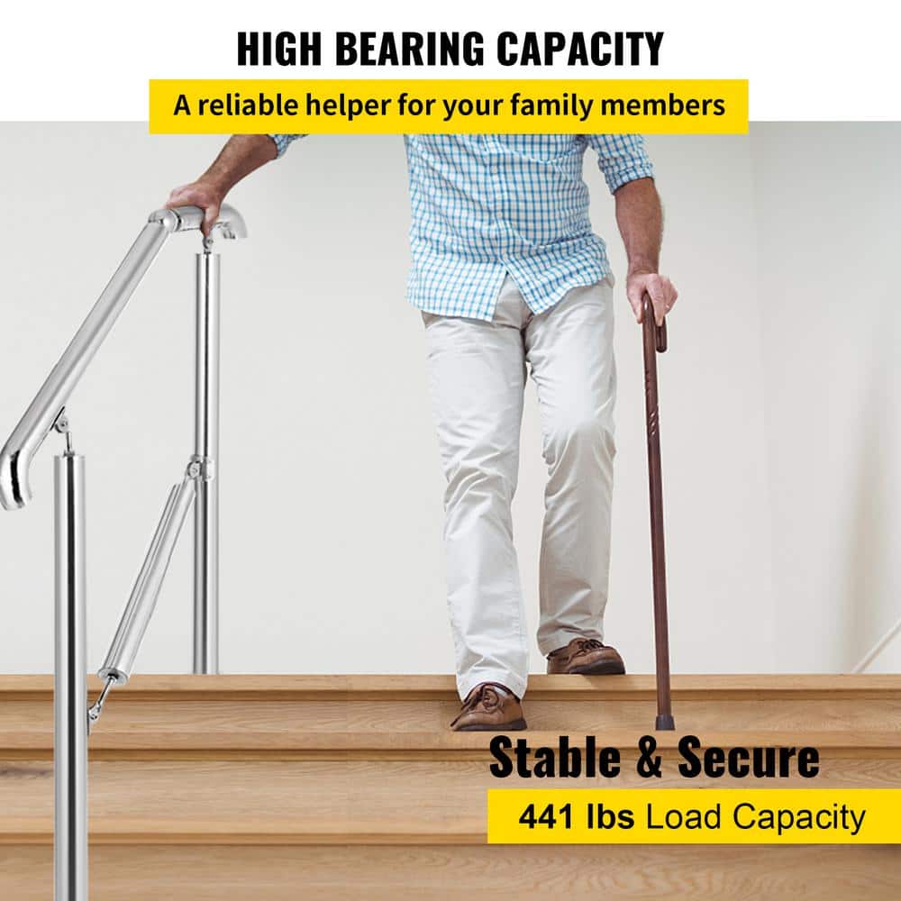 VEVOR Stainless Steel Handrail fit for Level Surface and 2 to 3 Adjustable Stair Outdoor Step Railings 441 lb. Capacity