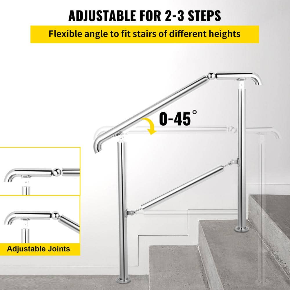 VEVOR Stainless Steel Handrail fit for Level Surface and 2 to 3 Adjustable Stair Outdoor Step Railings 441 lb. Capacity