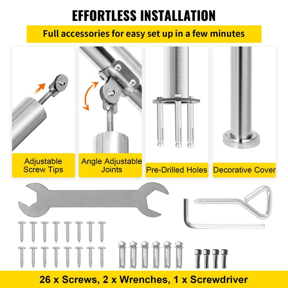 VEVOR Stainless Steel Handrail fit for Level Surface and 2 to 3 Adjustable Stair Outdoor Step Railings 441 lb. Capacity