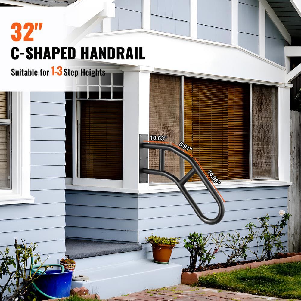 VEVOR Handrails for Outdoor Steps 18.9 in. x 3.15 in. Black steel Stair Railing Kit Wall Mount Railings 1-3 Steps U-Shaped