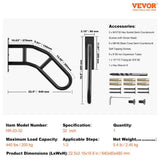 VEVOR Handrails for Outdoor Steps 18.9 in. x 3.15 in. Black steel Stair Railing Kit Wall Mount Railings 1-3 Steps U-Shaped