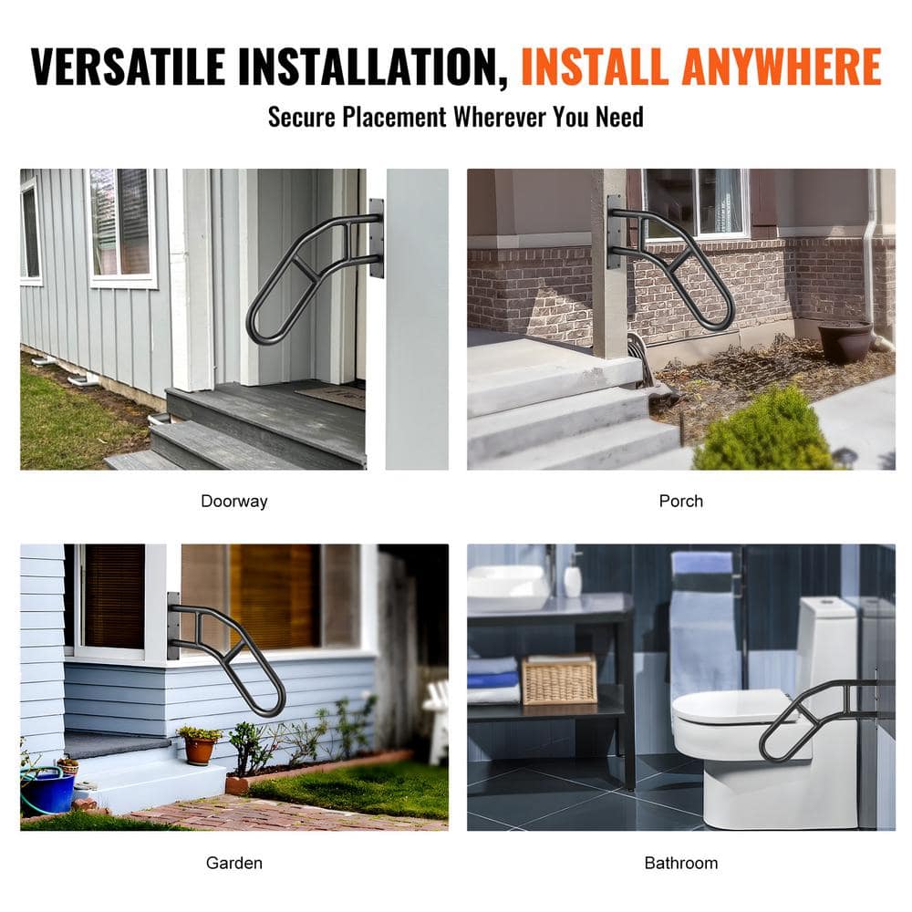 VEVOR Handrails for Outdoor Steps 18.9 in. x 3.15 in. Black steel Stair Railing Kit Wall Mount Railings 1-3 Steps U-Shaped