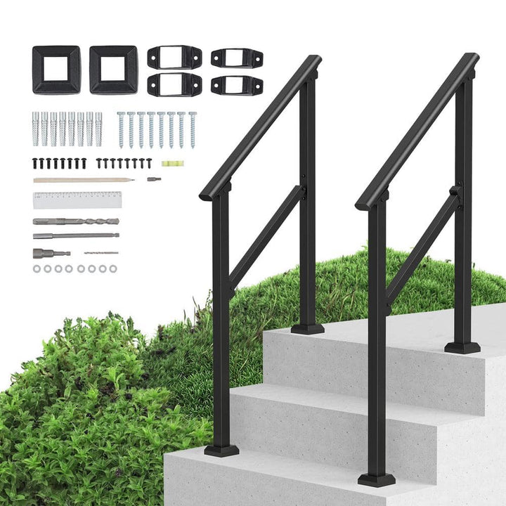 VEVOR Handrails for Outdoor Steps 2-Piece 2-3 Step Stair Handrail Kit Transitional Carbon Steel Railings Black Square Tube