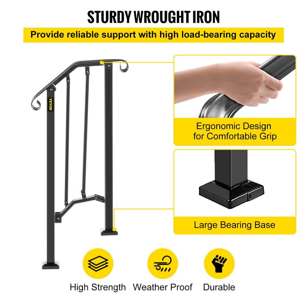 VEVOR 1 ft. Handrails for Outdoor Steps Fit 1 or 2 Steps Outdoor Stair Railing Wrought Iron Handrail with baluster, Black