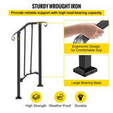 VEVOR 1 ft. Handrails for Outdoor Steps Fit 1 or 2 Steps Outdoor Stair Railing Wrought Iron Handrail with baluster, Black