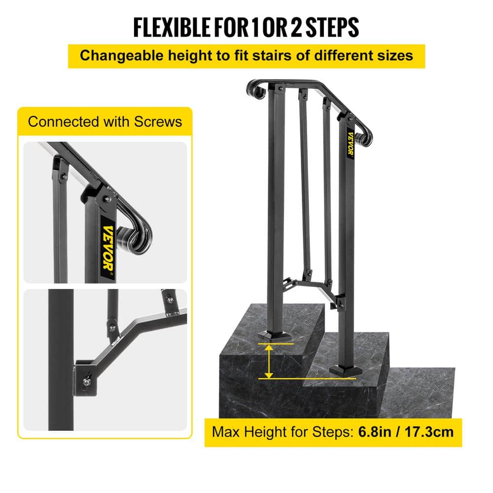 VEVOR 1 ft. Handrails for Outdoor Steps Fit 1 or 2 Steps Outdoor Stair Railing Wrought Iron Handrail with baluster, Black